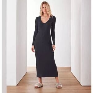 EUC James Perse Thermal Long Sleeve Maxi‎ Dress Black Cotton Scoop Neck Rib Knit